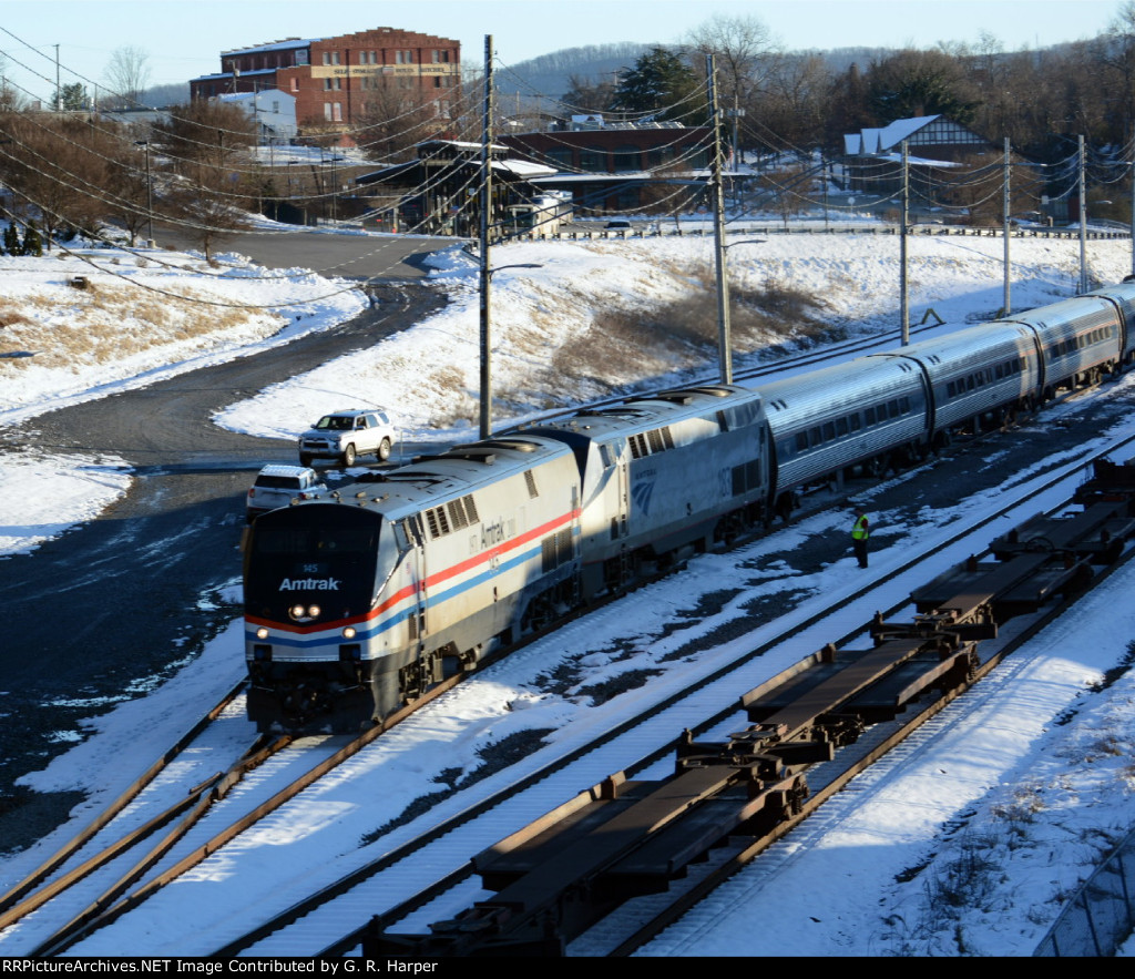 At last.  At long last Amtrak train #20(2) departs Lynchburg at 4:13 p.m. on January 4, 30 hours and 32 minutes late